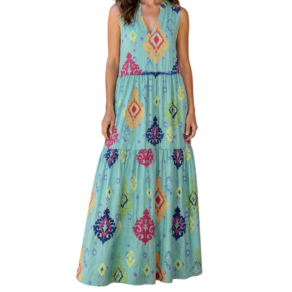 Fairhope Ikat Maxi Dress Womens Large Teal Blue NWT Tiered Boho Sleeveless